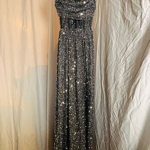 Elegant Silver Sequin Evening Gown